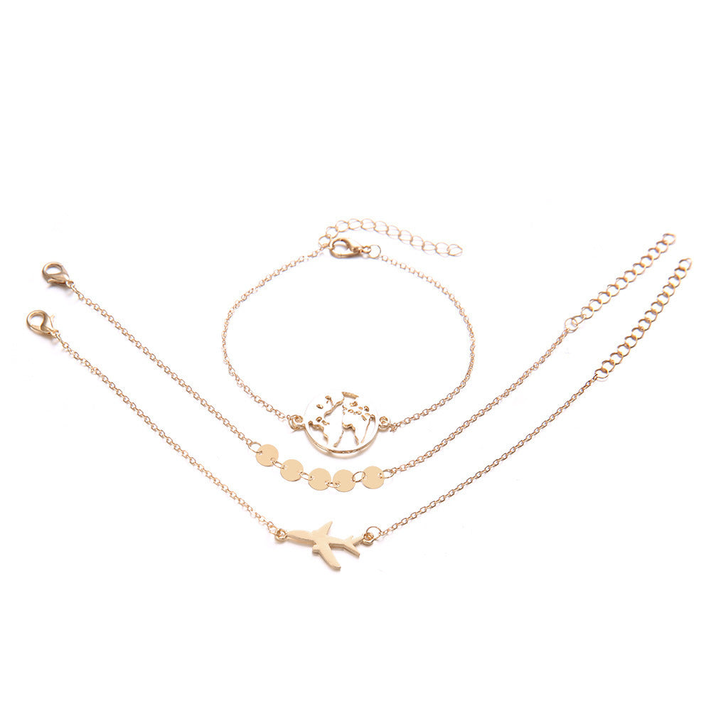 European And American Bohemian Aircraft Map Charm Bracelet 3-piece Set For Women