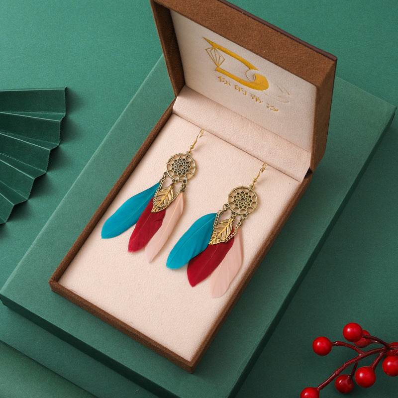 9 1 Color Creative Retro Dreamcatcher Feather Earrings
