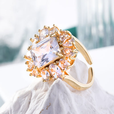 Copper Inlaid Zircon Square Ring Exquisite Temperament Entry Lux High Sense