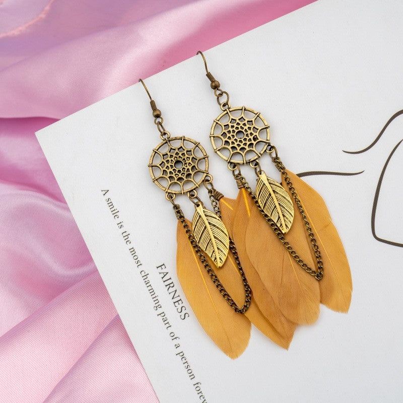 9 1 Color Creative Retro Dreamcatcher Feather Earrings